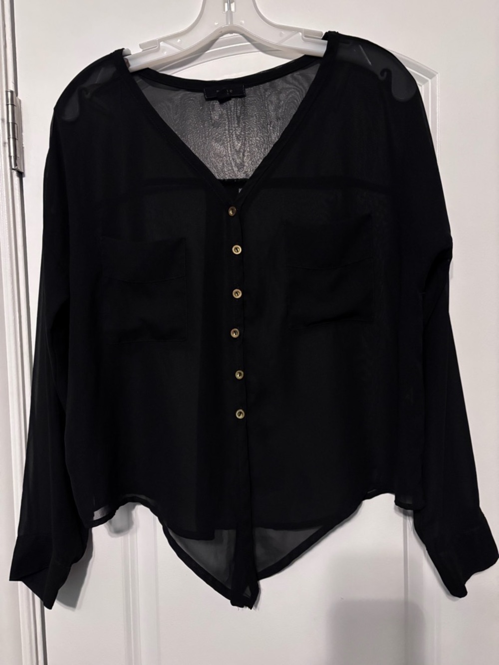 Mine Black Sheer Button-Front Blouse with Chest Pockets Size Medium